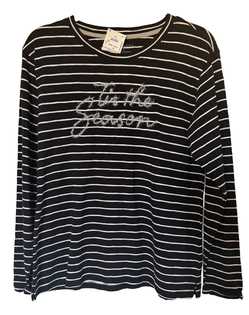 Talbots Women's Black White Striped Embroidered ‘Tis The Season’ Top Medium NWT